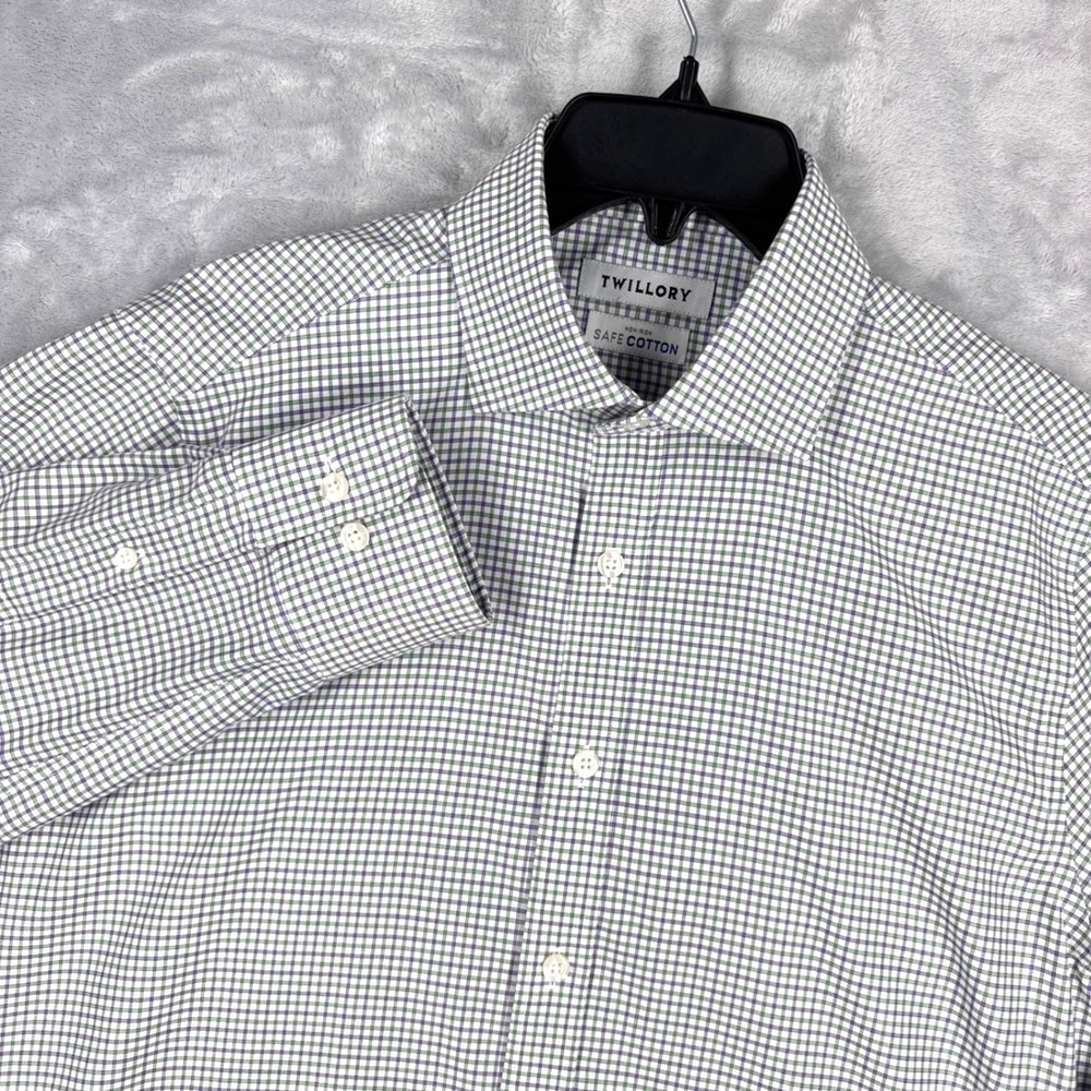 TWILLORY Non-Iron Safe Cotton Dress Shirt Mens 15.5 32/33 Purple Green Check
